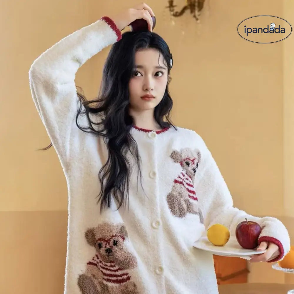 テディベア カートゥーン フリース パジャマ 保温 冬 新作 かわいい スイート 長袖 ルームウェア ID3644 写真通り / フリー