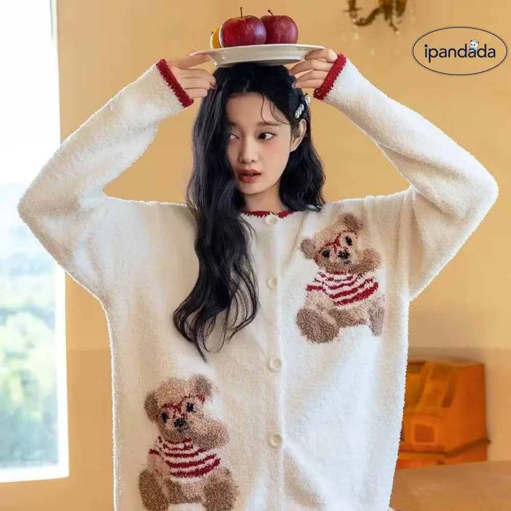 テディベア カートゥーン フリース パジャマ 保温 冬 新作 かわいい スイート 長袖 ルームウェア ID3644 写真通り / フリー