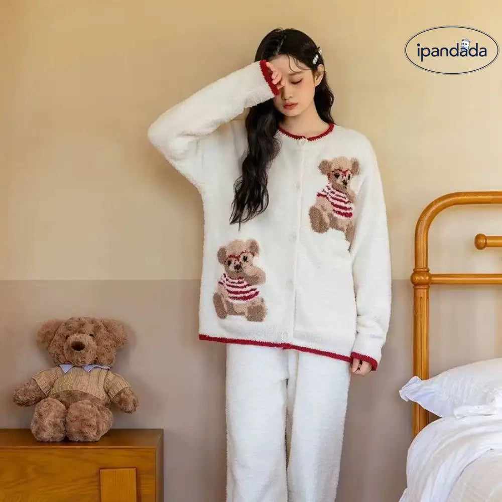 テディベア カートゥーン フリース パジャマ 保温 冬 新作 かわいい スイート 長袖 ルームウェア ID3644 写真通り / フリー