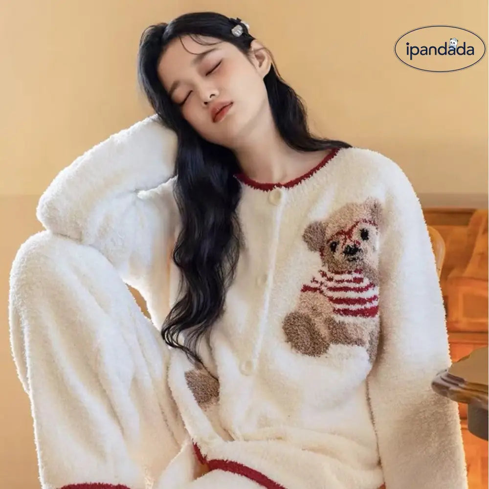 テディベア カートゥーン フリース パジャマ 保温 冬 新作 かわいい スイート 長袖 ルームウェア ID3644 写真通り / フリー