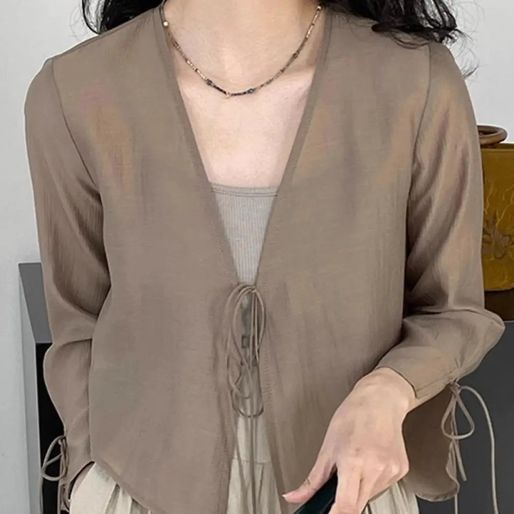 テンセル 防晒ジャケット レディース ショート 薄手 小柄 用 カーディガン 上着 エアコン シャツ 夏用 ID1880 カーキ / S 外出着>アウター