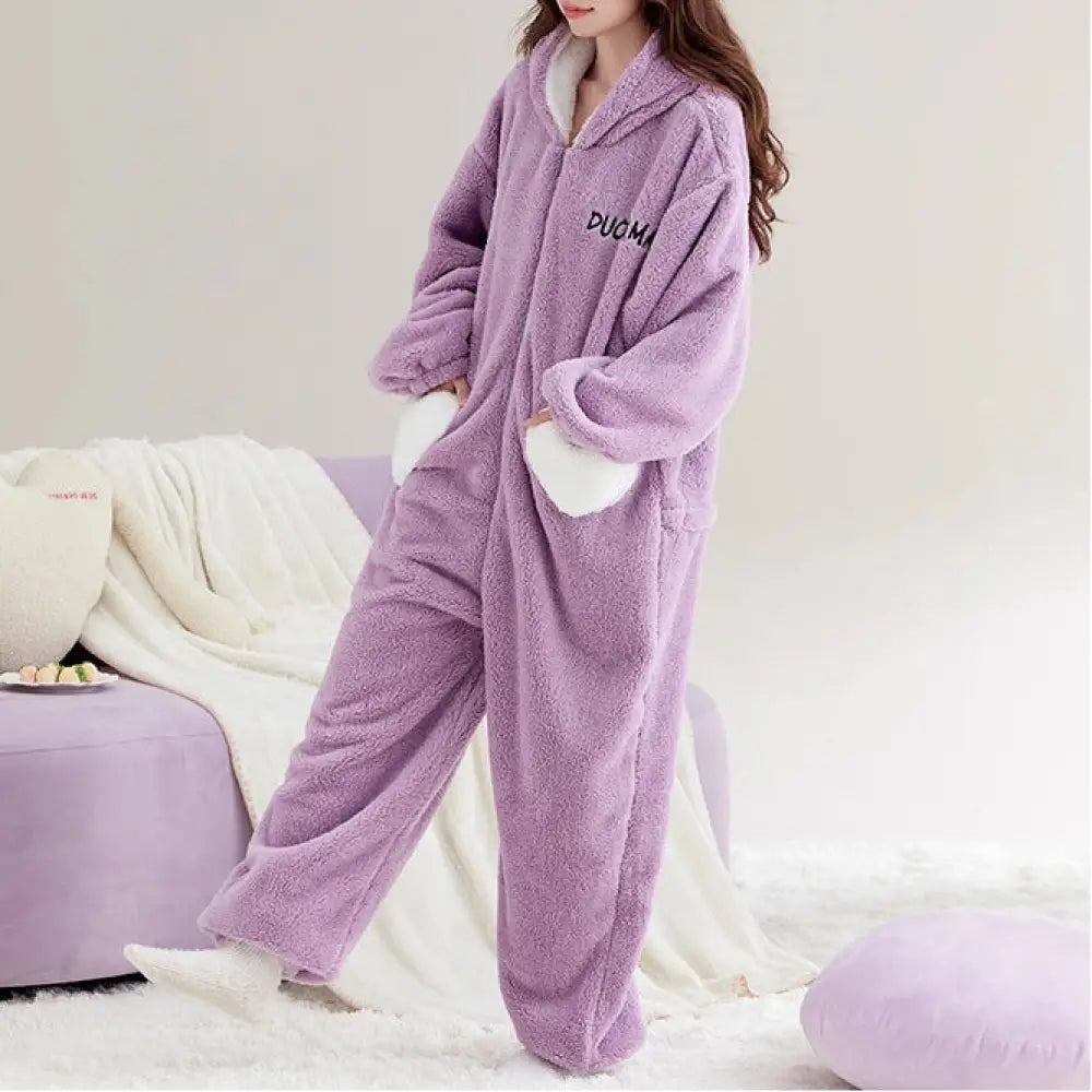 ウサギ 冬 可愛い サンゴフリース ワンピース パジャマ 女性 厚手 フリース 秋冬 保温 フード付き ルームウェア ID2840