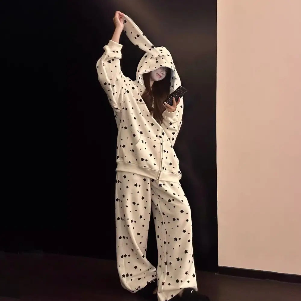 ウサギ耳 フード付き 星柄 プリント パジャマ 女性 2025年新作 大きいサイズ 長袖 長ズボン 外出可能 ヘアドレス スタイル ルームウェア セット ID2102 ホワイト / S レディース>セットアップ