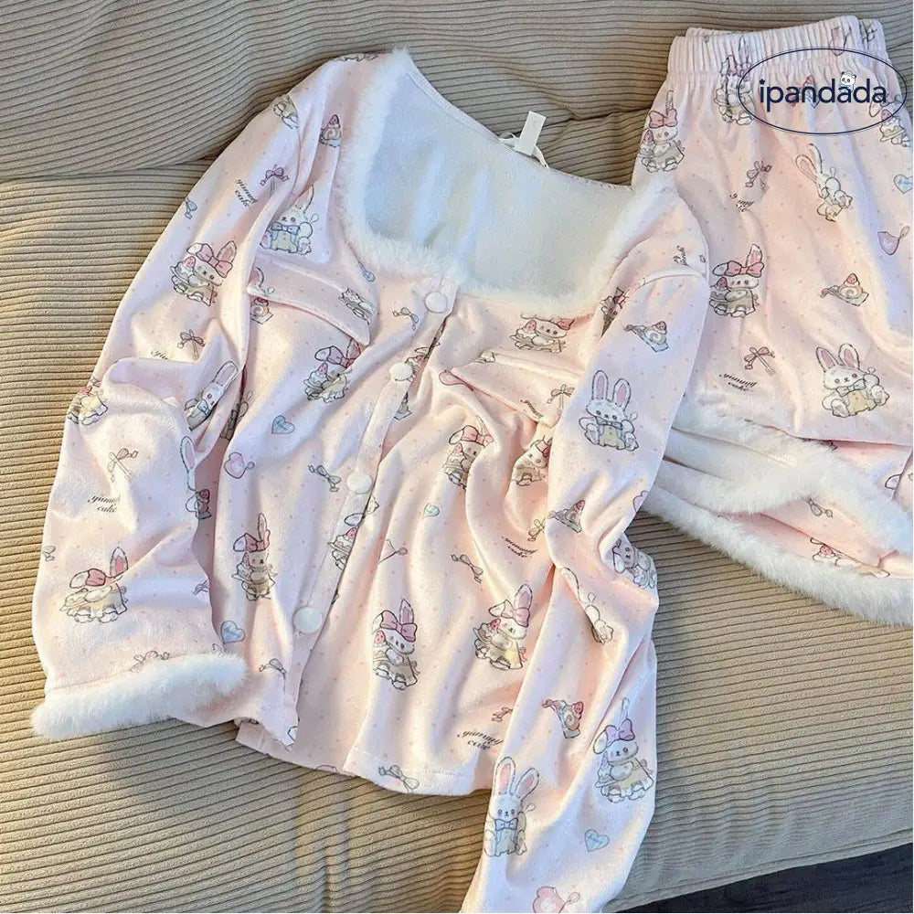うさぎ フリース ミックス パジャマ セット 秋冬 新作 長袖 かわいい ルームウェア ティーン 部屋着 保温 ID3996
