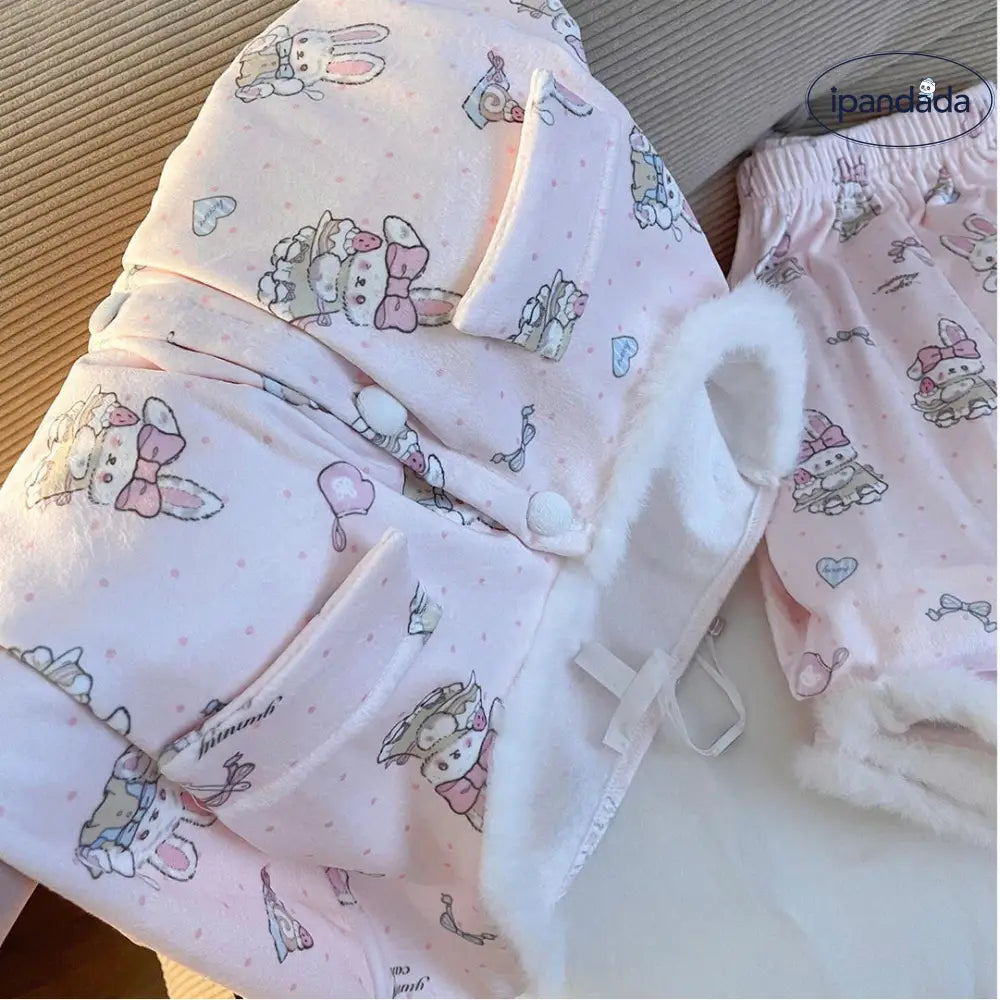 うさぎ フリース ミックス パジャマ セット 秋冬 新作 長袖 かわいい ルームウェア ティーン 部屋着 保温 ID3996