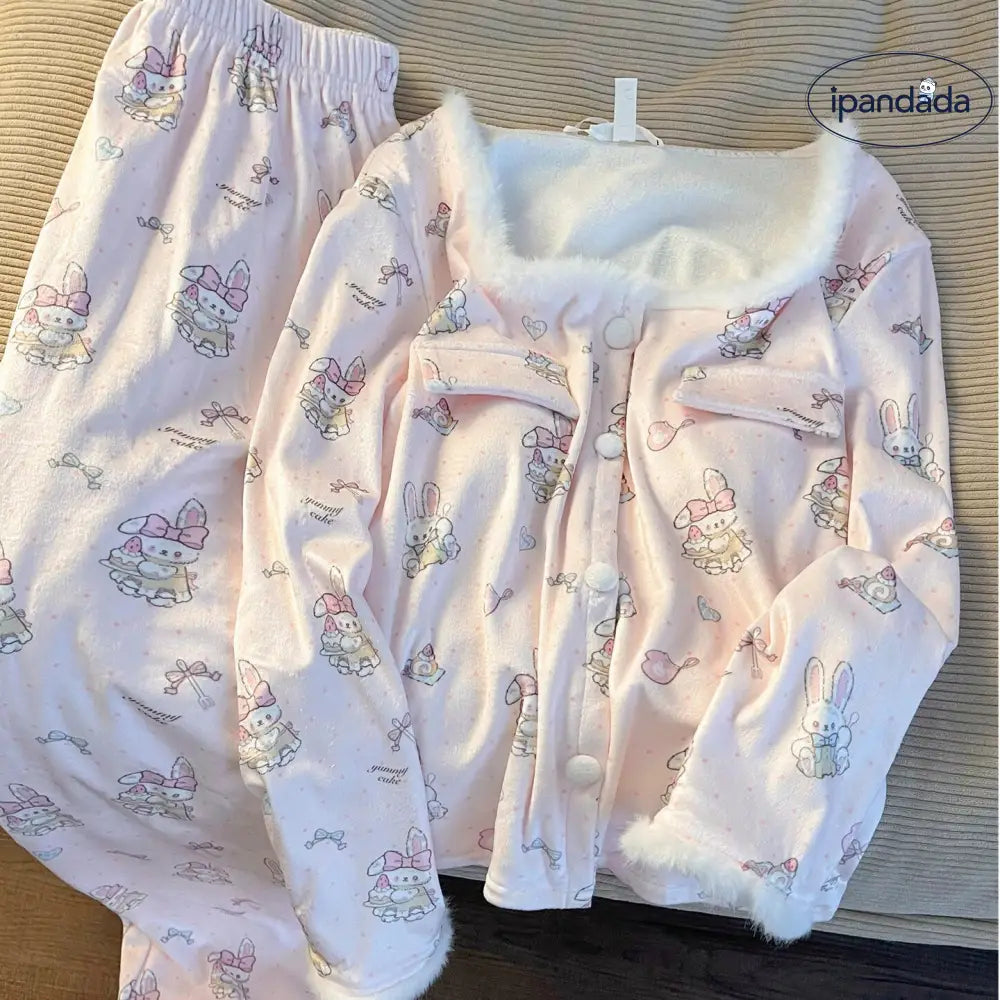 うさぎ フリース ミックス パジャマ セット 秋冬 新作 長袖 かわいい ルームウェア ティーン 部屋着 保温 ID3996