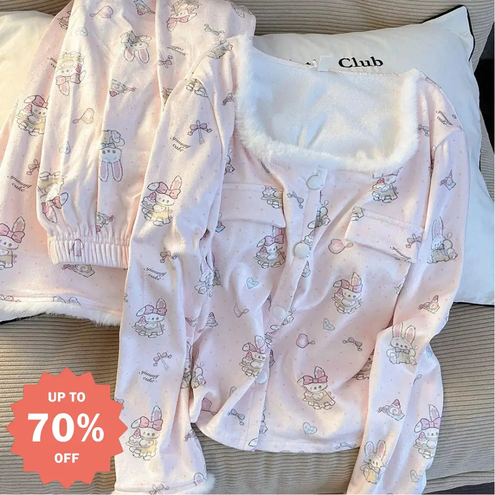 うさぎ フリース ミックス パジャマ セット 秋冬 新作 長袖 かわいい ルームウェア ティーン 部屋着 保温 ID3996 写真通り / S