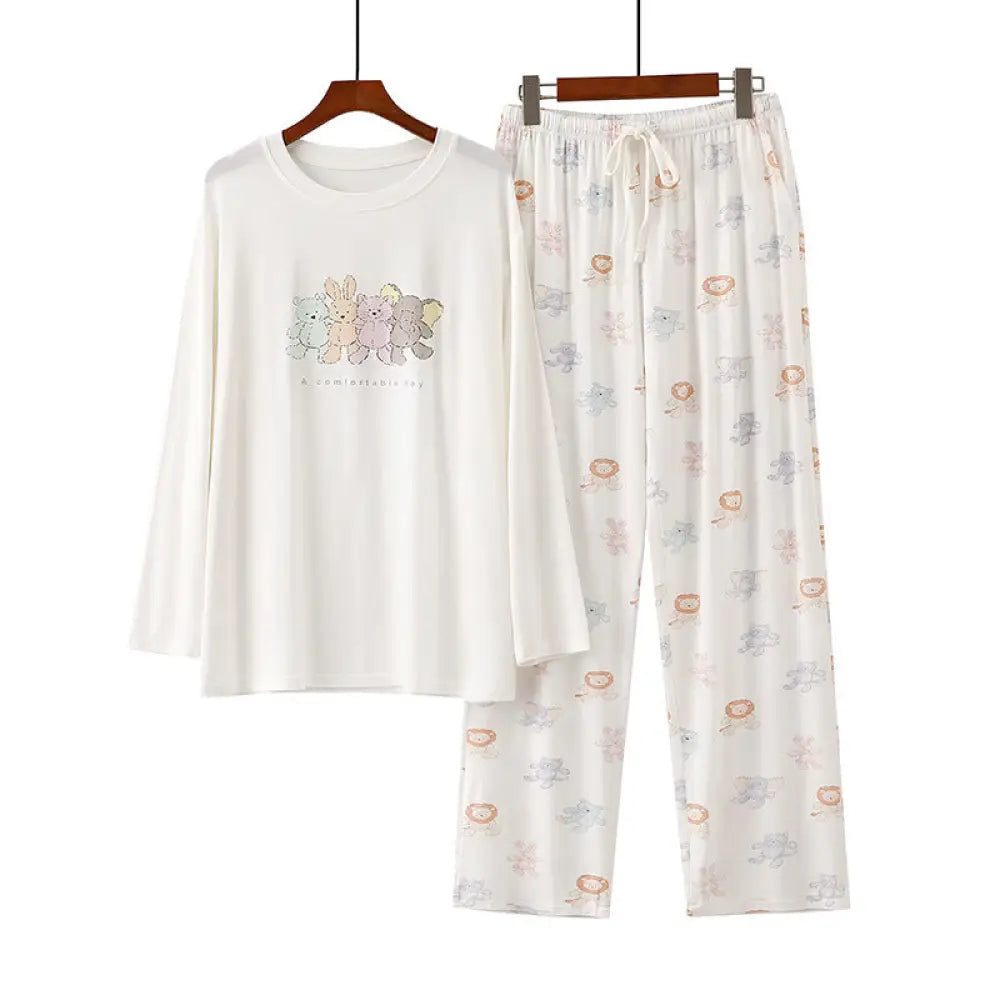 ID500 うさぎ ライオン 動物園 柄 パジャマ レディース 上下セット ふんわり 柔らかく軽い薄手の快適Tシャツ素材 通年 可愛い セットアップ ルームウェア ふんわり 柔らかい 女性 長袖 長ズボン 春夏 ホワイト / フリー