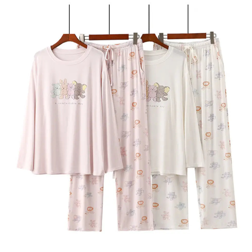 ID500 うさぎ ライオン 動物園 柄 パジャマ レディース 上下セット ふんわり 柔らかく軽い薄手の快適Tシャツ素材 通年 可愛い セットアップ ルームウェア ふんわり 柔らかい 女性 長袖 長ズボン 春夏 レディース＞セットアップ