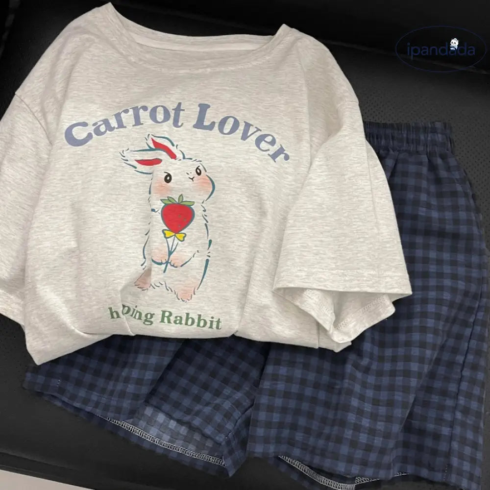 ID1532 うさぎモチーフ 半袖＆チェック柄ショート パジャマセット レディース お出かけ兼用 接触冷感 吸汗速乾 洗濯機OK 抗菌防臭