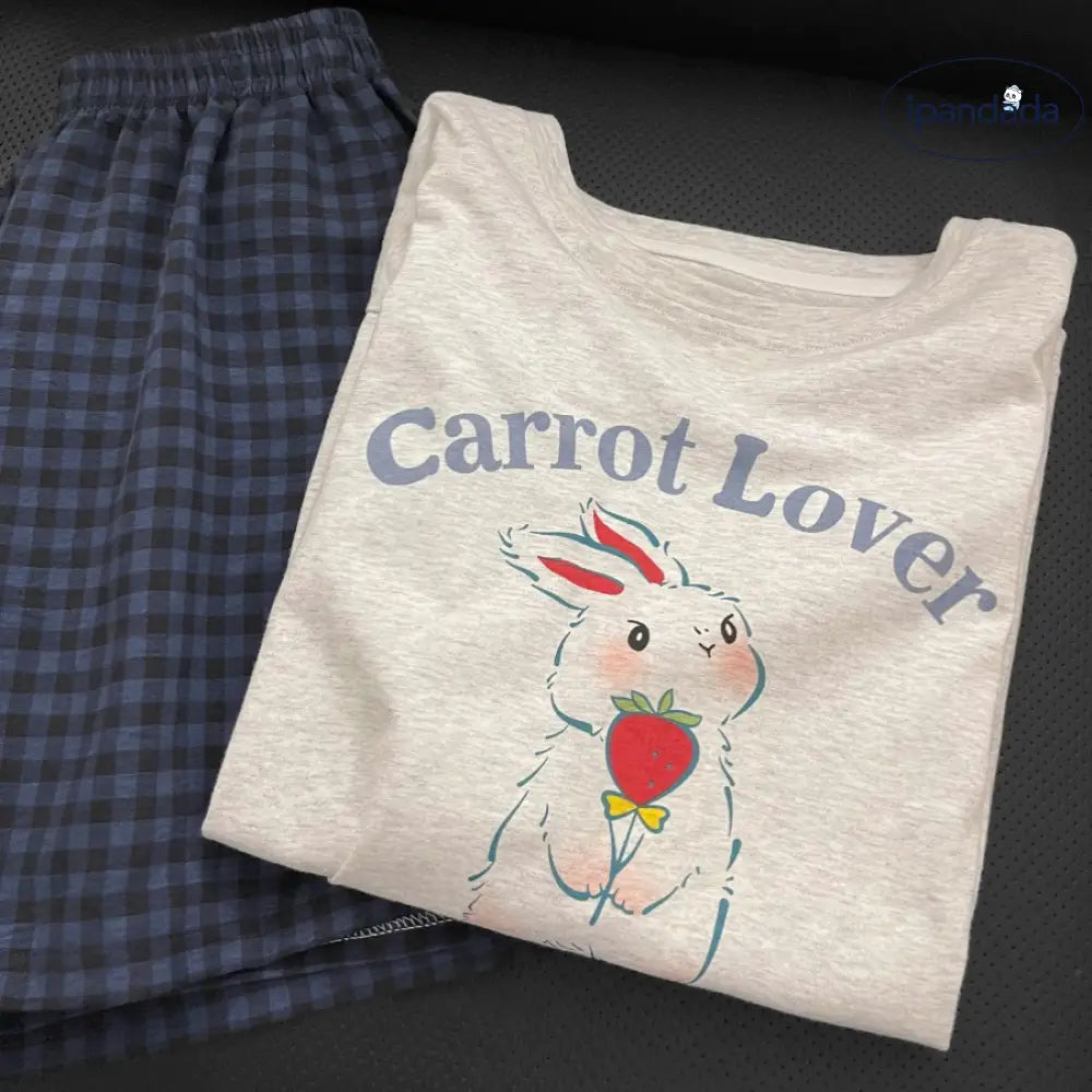 ID1532 うさぎモチーフ 半袖＆チェック柄ショート パジャマセット レディース お出かけ兼用 接触冷感 吸汗速乾 洗濯機OK 抗菌防臭