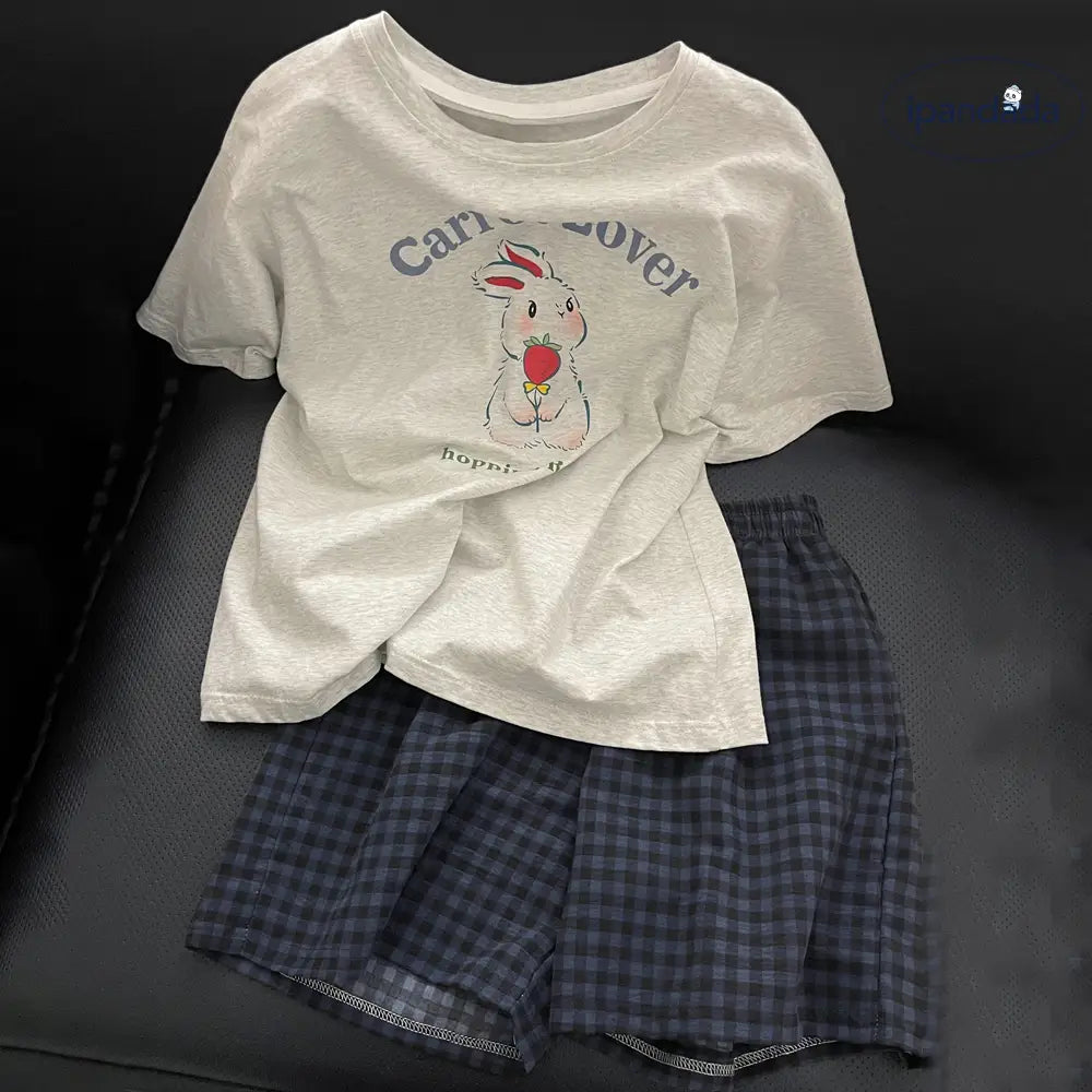 ID1532 うさぎモチーフ 半袖＆チェック柄ショート パジャマセット レディース お出かけ兼用 接触冷感 吸汗速乾 洗濯機OK 抗菌防臭