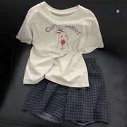 ID1532 うさぎモチーフ 半袖＆チェック柄ショート パジャマセット レディース お出かけ兼用 接触冷感 吸汗速乾 洗濯機OK 抗菌防臭