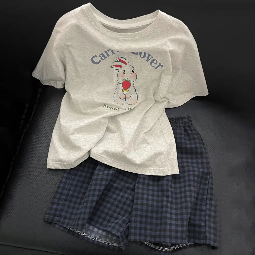 ID1532 うさぎモチーフ 半袖＆チェック柄ショート パジャマセット レディース お出かけ兼用 接触冷感 吸汗速乾 洗濯機OK 抗菌防臭 写真通り / S レディース＞セットアップ