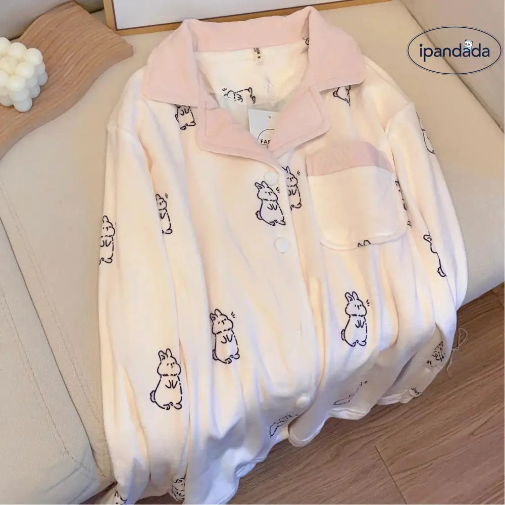 ウサギプリント フリース 保温 パジャマ レディース 秋冬用 カジュアル 長袖 長パンツ ルームウェアセット ID3918