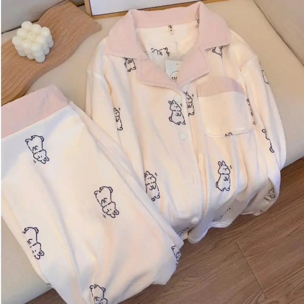 ウサギプリント フリース 保温 パジャマ レディース 秋冬用 カジュアル 長袖 長パンツ ルームウェアセット ID3918 写真通り / S