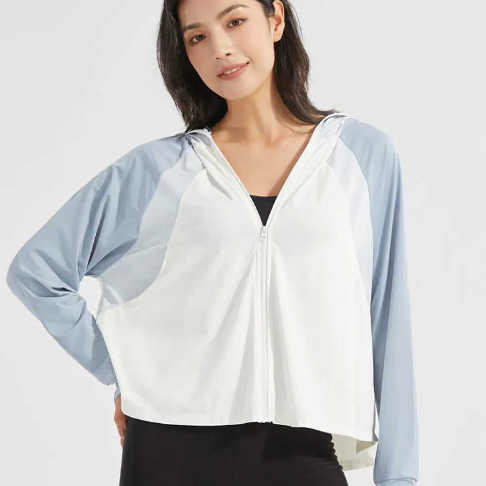 ID1572 UV パーカー 長袖 レディース 冷感 -5℃ ラッシュガード uvカット ポンチョ ボリューム袖 UPF50 + ジップアップ アイスシルク 指穴 ツバ 取り外し カーディガン ショート丈 トップス ライトアウター