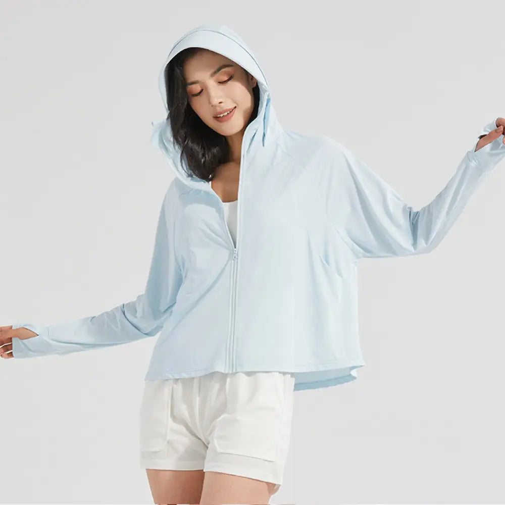 ID1572 UV パーカー 長袖 レディース 冷感 -5℃ ラッシュガード uvカット ポンチョ ボリューム袖 UPF50 + ジップアップ アイスシルク 指穴 ツバ 取り外し カーディガン ショート丈 トップス ライトアウター