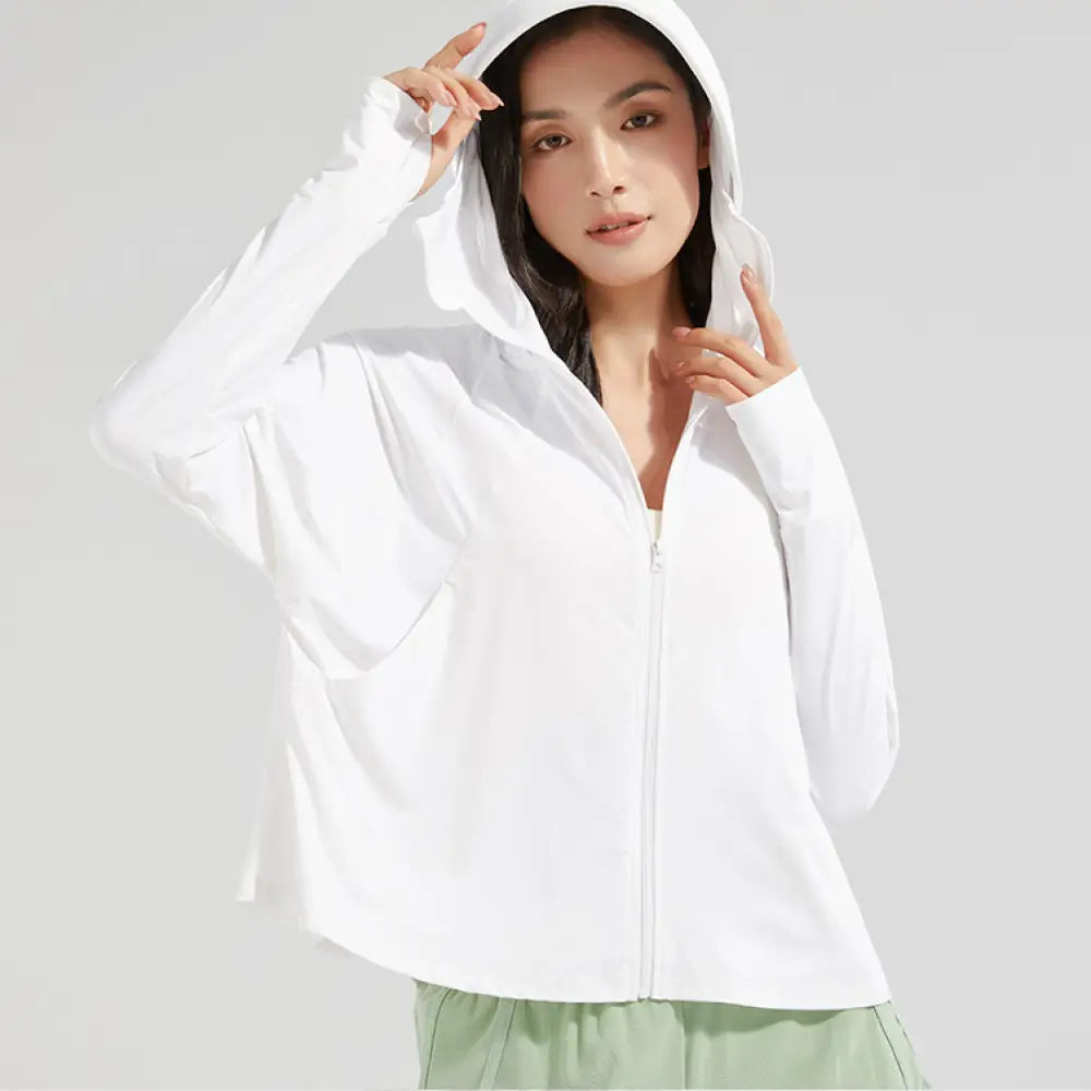 ID1572 UV パーカー 長袖 レディース 冷感 -5℃ ラッシュガード uvカット ポンチョ ボリューム袖 UPF50 + ジップアップ アイスシルク 指穴 ツバ 取り外し カーディガン ショート丈 トップス ライトアウター