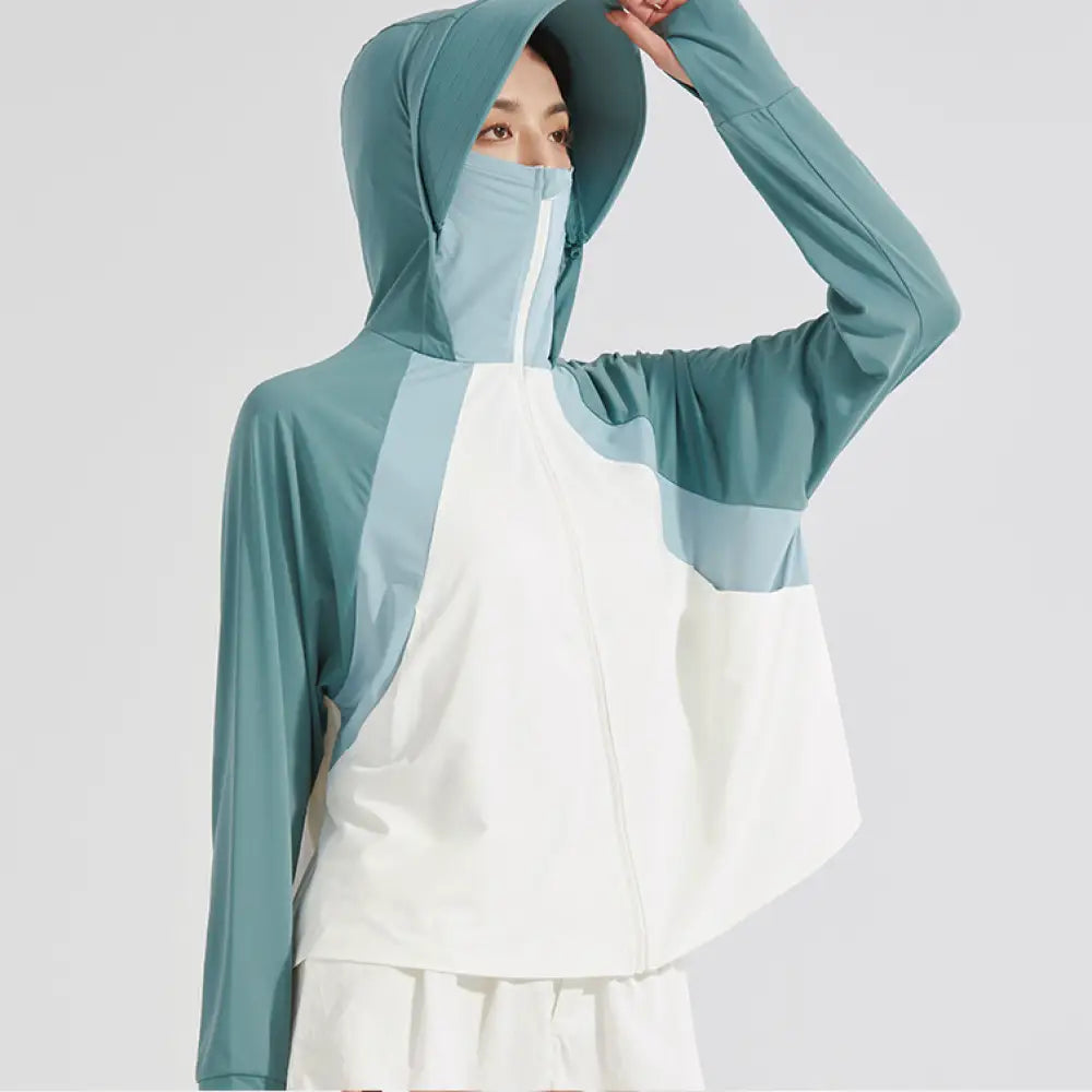 ID1572 UV パーカー 長袖 レディース 冷感 -5℃ ラッシュガード uvカット ポンチョ ボリューム袖 UPF50 + ジップアップ アイスシルク 指穴 ツバ 取り外し カーディガン ショート丈 トップス ライトアウター