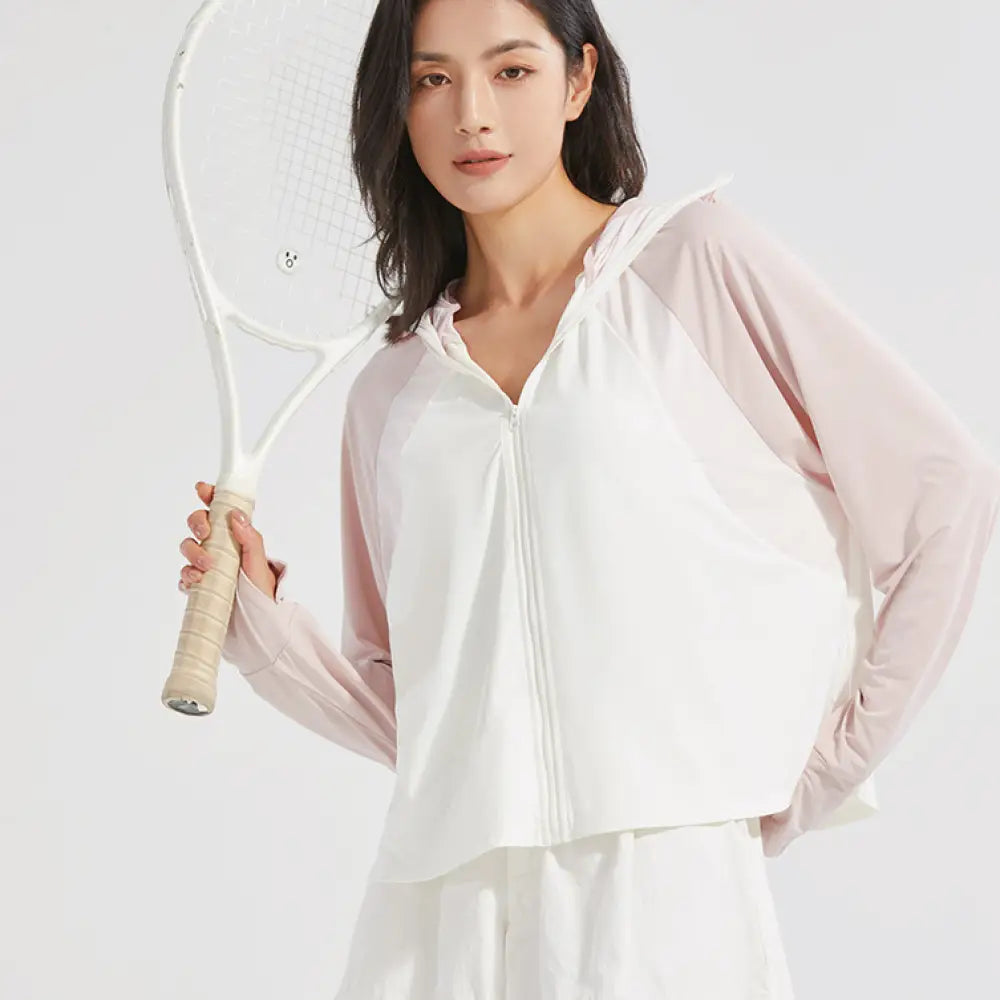 ID1572 UV パーカー 長袖 レディース 冷感 -5℃ ラッシュガード uvカット ポンチョ ボリューム袖 UPF50 + ジップアップ アイスシルク 指穴 ツバ 取り外し カーディガン ショート丈 トップス ライトアウター