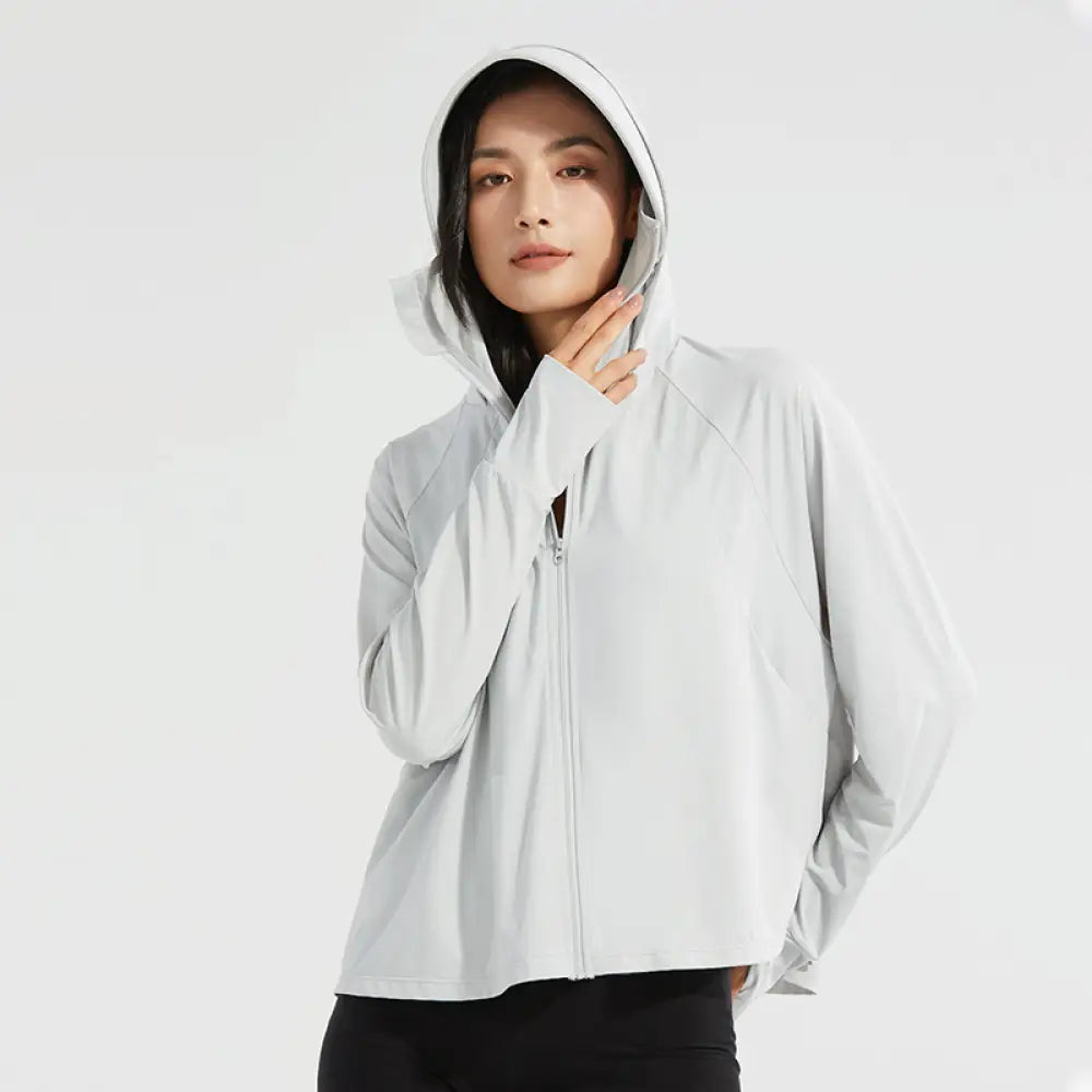 ID1572 UV パーカー 長袖 レディース 冷感 -5℃ ラッシュガード uvカット ポンチョ ボリューム袖 UPF50 + ジップアップ アイスシルク 指穴 ツバ 取り外し カーディガン ショート丈 トップス ライトアウター