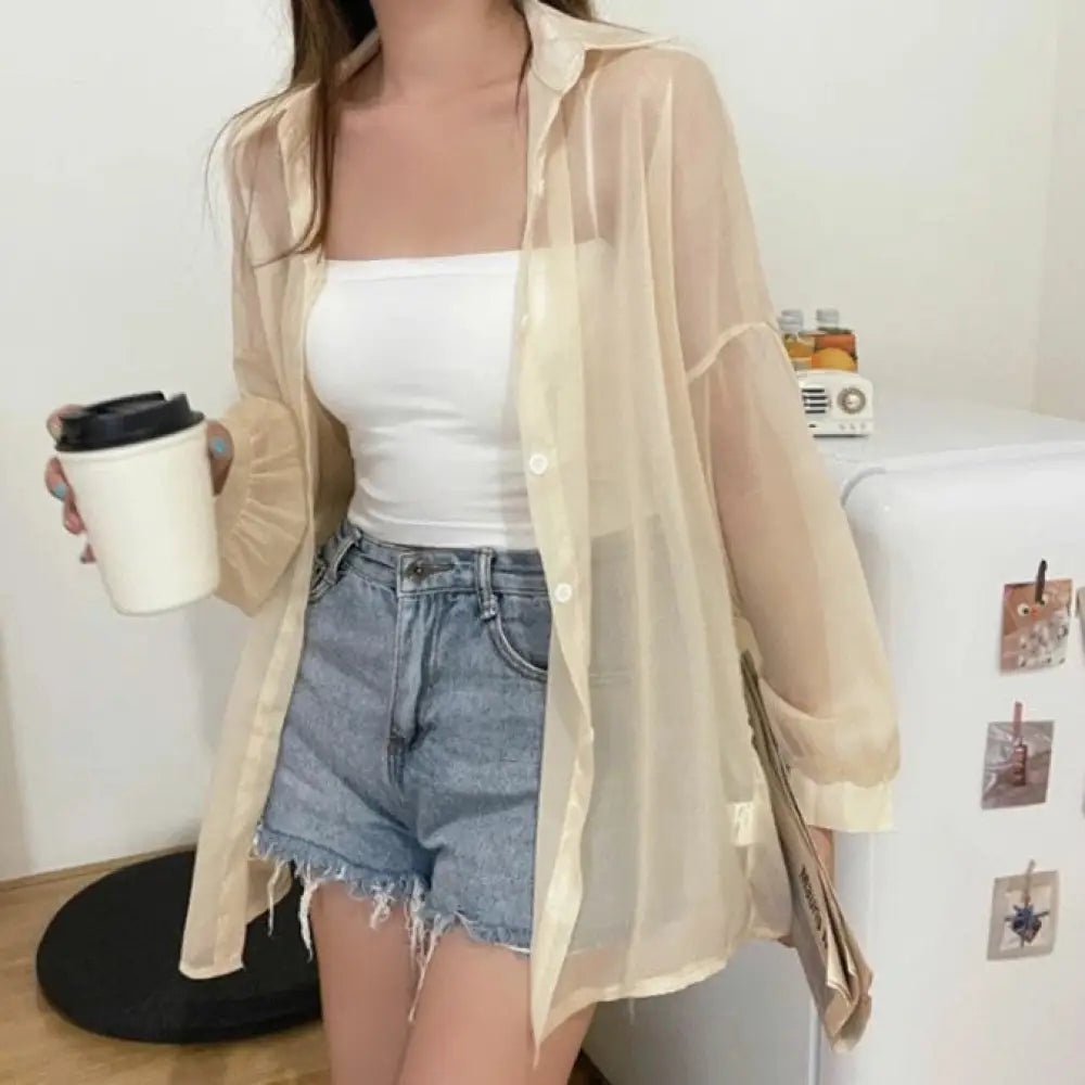 ID1210 UVカット 光沢 シャツ 春夏季 薄手 シースルー風 ロングスリーブ ユニークデザイン カジュアル ルーズフィット 女性用 通気性 おしゃれ プレミアム アプリコット / フリー 外出着＞アウター
