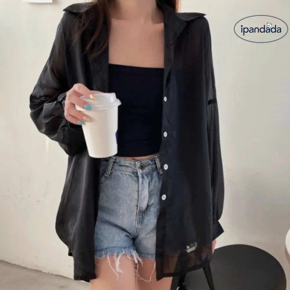 ID1210 UVカット 光沢 シャツ 春夏季 薄手 シースルー風 ロングスリーブ ユニークデザイン カジュアル ルーズフィット 女性用 通気性 おしゃれ プレミアム ブラック / フリー 外出着＞アウター