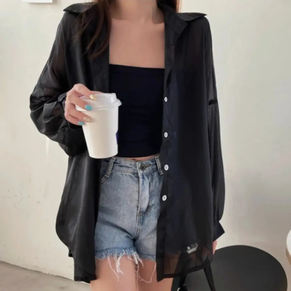 ID1210 UVカット 光沢 シャツ 春夏季 薄手 シースルー風 ロングスリーブ ユニークデザイン カジュアル ルーズフィット 女性用 通気性 おしゃれ プレミアム ブラック / フリー 外出着＞アウター