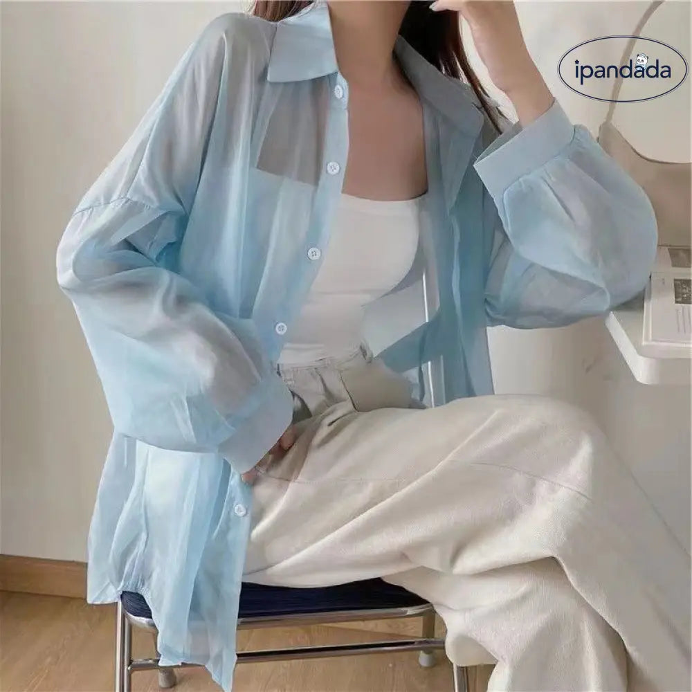 ID1210 UVカット 光沢 シャツ 春夏季 薄手 シースルー風 ロングスリーブ ユニークデザイン カジュアル ルーズフィット 女性用 通気性 おしゃれ プレミアム ブルー / フリー 外出着＞アウター