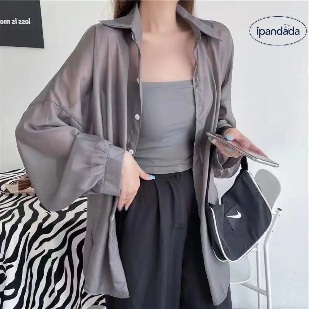 ID1210 UVカット 光沢 シャツ 春夏季 薄手 シースルー風 ロングスリーブ ユニークデザイン カジュアル ルーズフィット 女性用 通気性 おしゃれ プレミアム グレー / フリー 外出着＞アウター