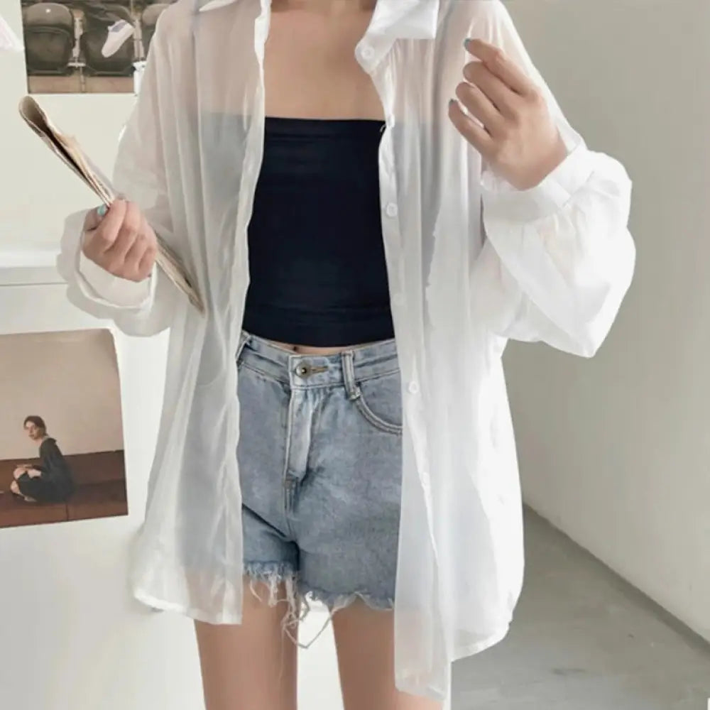 ID1210 UVカット 光沢 シャツ 春夏季 薄手 シースルー風 ロングスリーブ ユニークデザイン カジュアル ルーズフィット 女性用 通気性 おしゃれ プレミアム ホワイト / フリー 外出着＞アウター