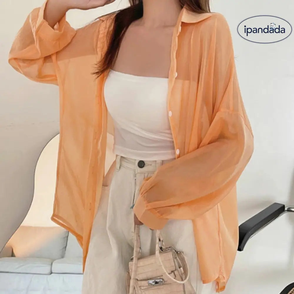 ID1210 UVカット 光沢 シャツ 春夏季 薄手 シースルー風 ロングスリーブ ユニークデザイン カジュアル ルーズフィット 女性用 通気性 おしゃれ プレミアム オレンジ / フリー 外出着＞アウター