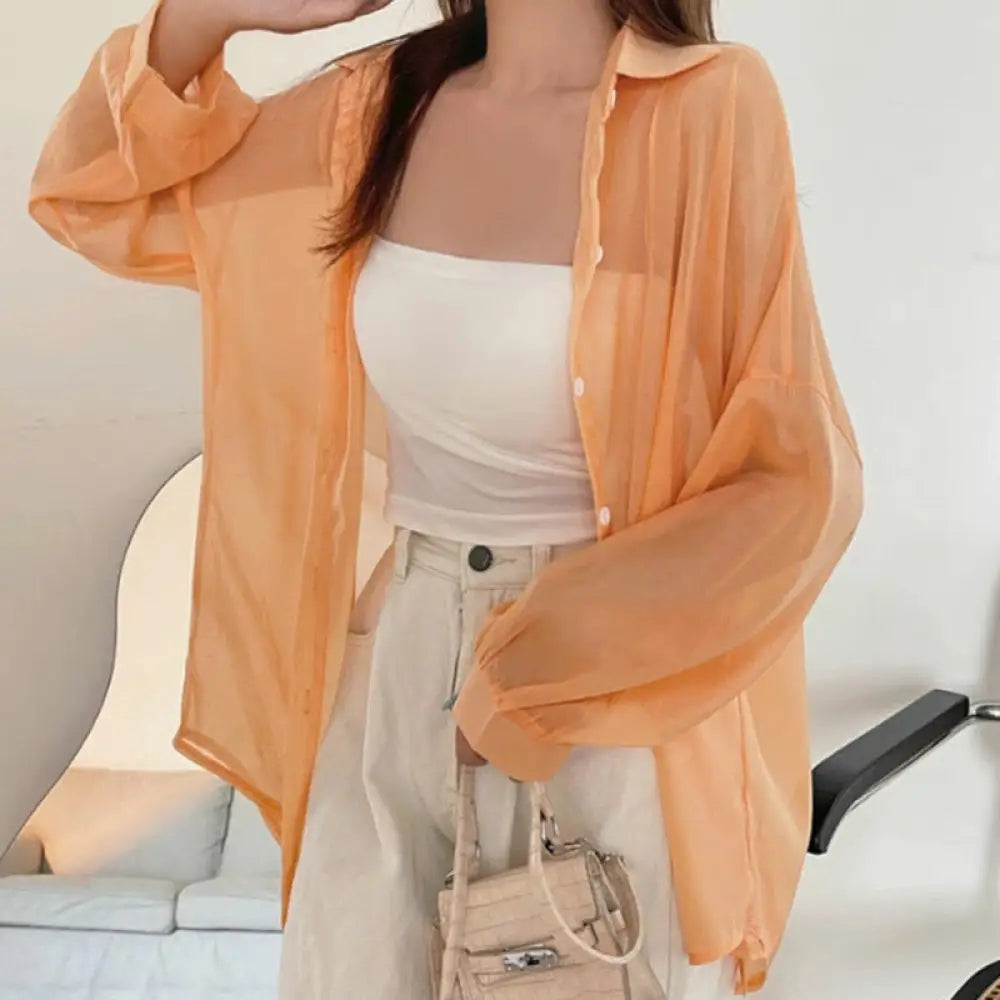 ID1210 UVカット 光沢 シャツ 春夏季 薄手 シースルー風 ロングスリーブ ユニークデザイン カジュアル ルーズフィット 女性用 通気性 おしゃれ プレミアム オレンジ / フリー 外出着＞アウター