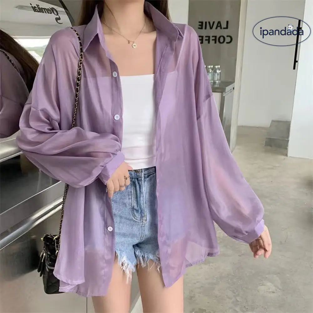 ID1210 UVカット 光沢 シャツ 春夏季 薄手 シースルー風 ロングスリーブ ユニークデザイン カジュアル ルーズフィット 女性用 通気性 おしゃれ プレミアム パープル / フリー 外出着＞アウター