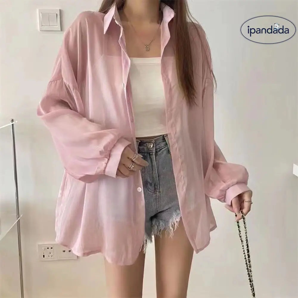 ID1210 UVカット 光沢 シャツ 春夏季 薄手 シースルー風 ロングスリーブ ユニークデザイン カジュアル ルーズフィット 女性用 通気性 おしゃれ プレミアム ピンク / フリー 外出着＞アウター
