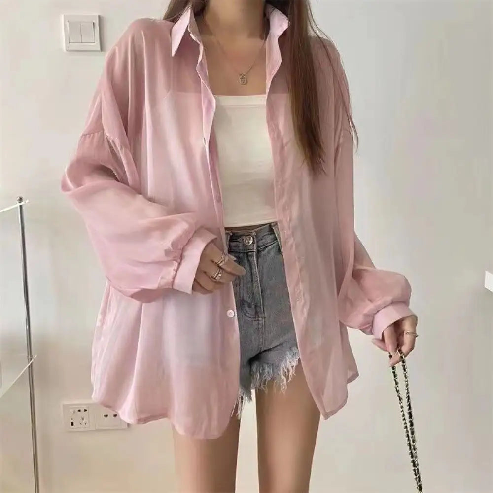 ID1210 UVカット 光沢 シャツ 春夏季 薄手 シースルー風 ロングスリーブ ユニークデザイン カジュアル ルーズフィット 女性用 通気性 おしゃれ プレミアム ピンク / フリー 外出着＞アウター