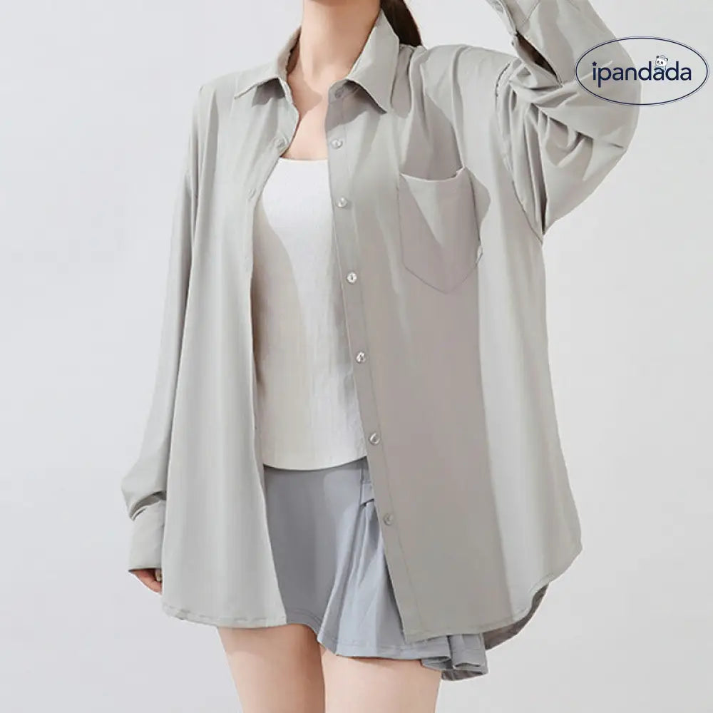 ID1579 UVカット シャツ 水陸両用ラッシュガード レディース シャツ 長袖 トップス 羽織り 服 シンプル オフィス ストレッチ 冷感 接触冷感 涼しい 日焼け防止 紫外線カット 紫外線対策 薄手 吸湿 速乾 春 夏 秋 グレー