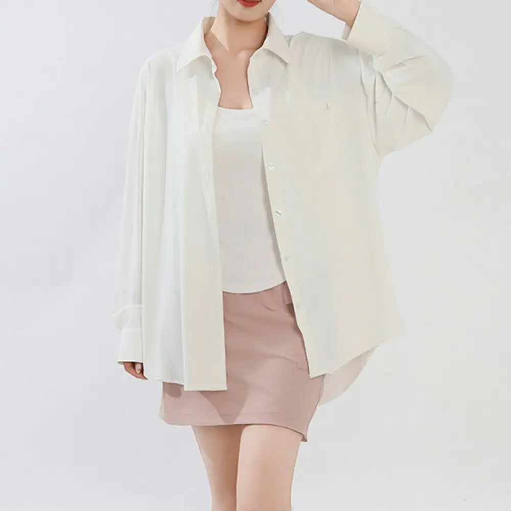 ID1579 UVカット シャツ 水陸両用ラッシュガード レディース シャツ 長袖 トップス 羽織り 服 シンプル オフィス ストレッチ 冷感 接触冷感 涼しい 日焼け防止 紫外線カット 紫外線対策 薄手 吸湿 速乾 春 夏 秋 ホワイト