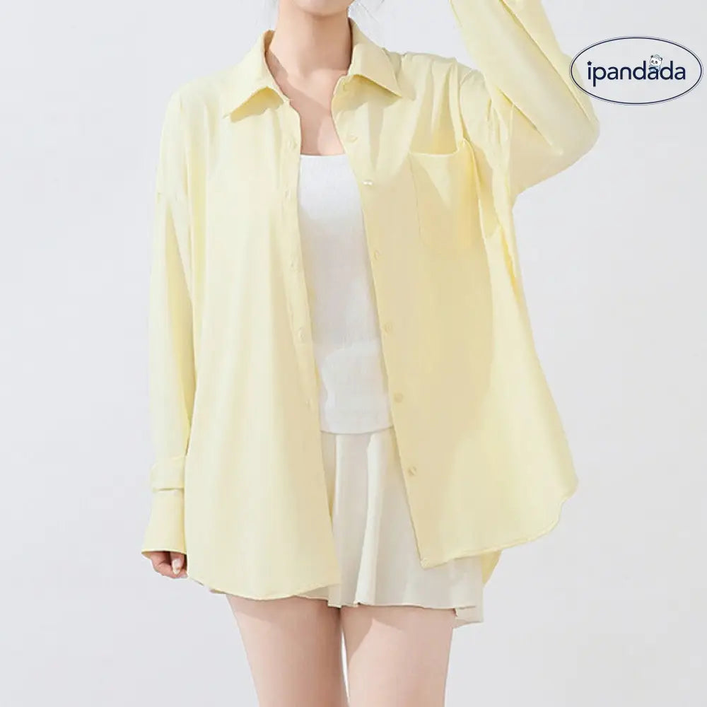 ID1579 UVカット シャツ 水陸両用ラッシュガード レディース シャツ 長袖 トップス 羽織り 服 シンプル オフィス ストレッチ 冷感 接触冷感 涼しい 日焼け防止 紫外線カット 紫外線対策 薄手 吸湿 速乾 春 夏 秋 イエロー