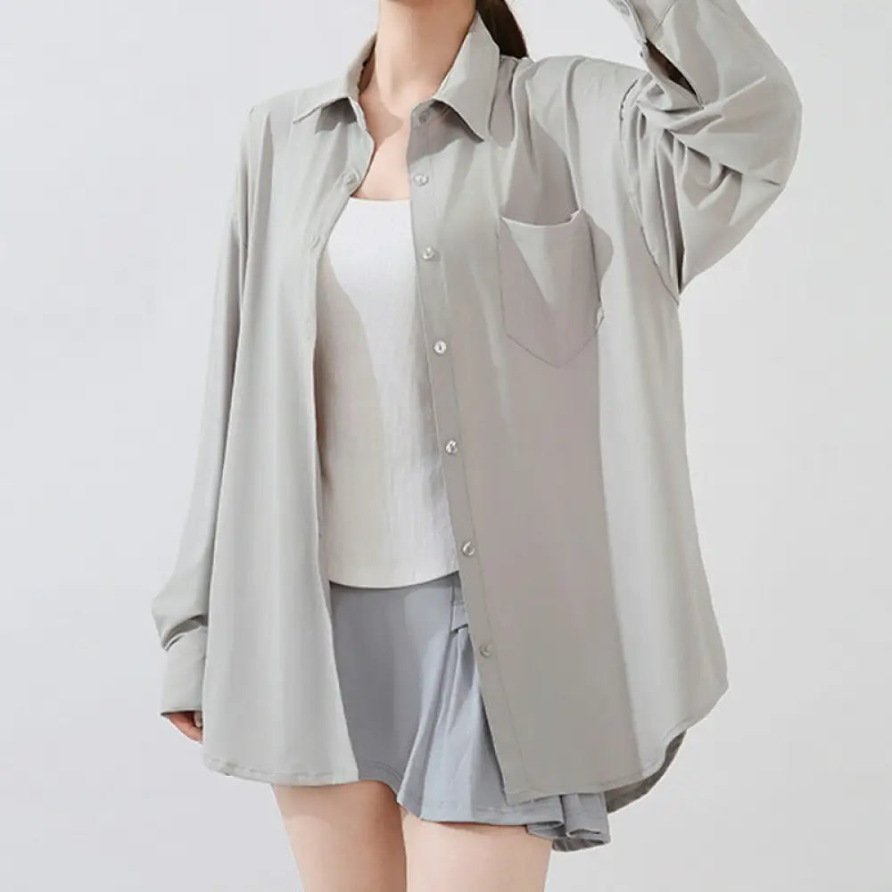 ID1579 UVカット シャツ 水陸両用ラッシュガード レディース シャツ 長袖 トップス 羽織り 服 シンプル オフィス ストレッチ 冷感 接触冷感 涼しい 日焼け防止 紫外線カット 紫外線対策 薄手 吸湿 速乾 春 夏 秋 グレー