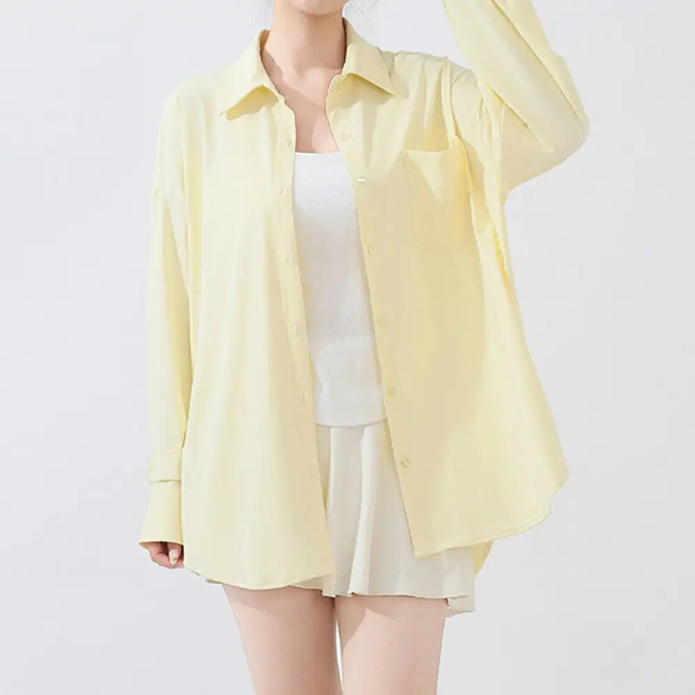 ID1579 UVカット シャツ 水陸両用ラッシュガード レディース シャツ 長袖 トップス 羽織り 服 シンプル オフィス ストレッチ 冷感 接触冷感 涼しい 日焼け防止 紫外線カット 紫外線対策 薄手 吸湿 速乾 春 夏 秋 イエロー