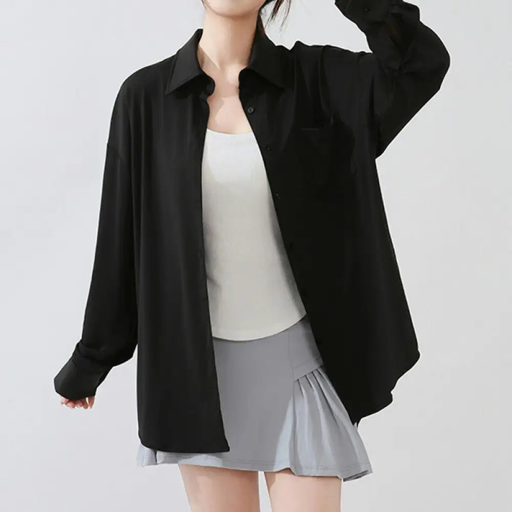 ID1579 UVカット シャツ 水陸両用ラッシュガード レディース シャツ 長袖 トップス 羽織り 服 シンプル オフィス ストレッチ 冷感 接触冷感 涼しい 日焼け防止 紫外線カット 紫外線対策 薄手 吸湿 速乾 春 夏 秋 ブラック