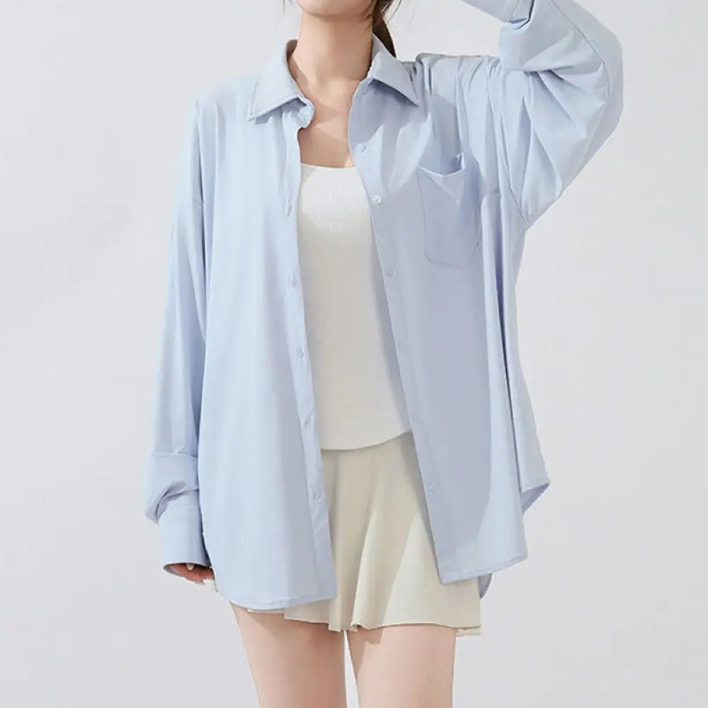 ID1579 UVカット シャツ 水陸両用ラッシュガード レディース シャツ 長袖 トップス 羽織り 服 シンプル オフィス ストレッチ 冷感 接触冷感 涼しい 日焼け防止 紫外線カット 紫外線対策 薄手 吸湿 速乾 春 夏 秋 ブルー