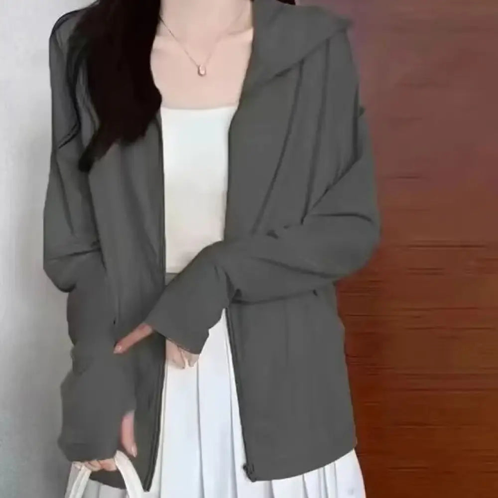 ID1211 UVパーカー 新作登場 ポケット付き フード付き 長袖 ジッパー 無地 カジュアル 紫外線対策 冷房対策 カーディガン グレー / S 外出着＞アウター