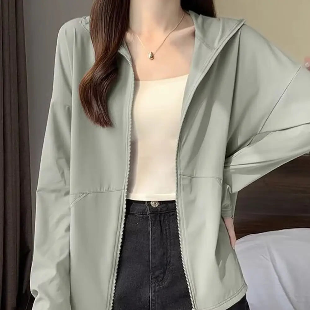 ID1211 UVパーカー 新作登場 ポケット付き フード付き 長袖 ジッパー 無地 カジュアル 紫外線対策 冷房対策 カーディガン グリーン / S 外出着＞アウター