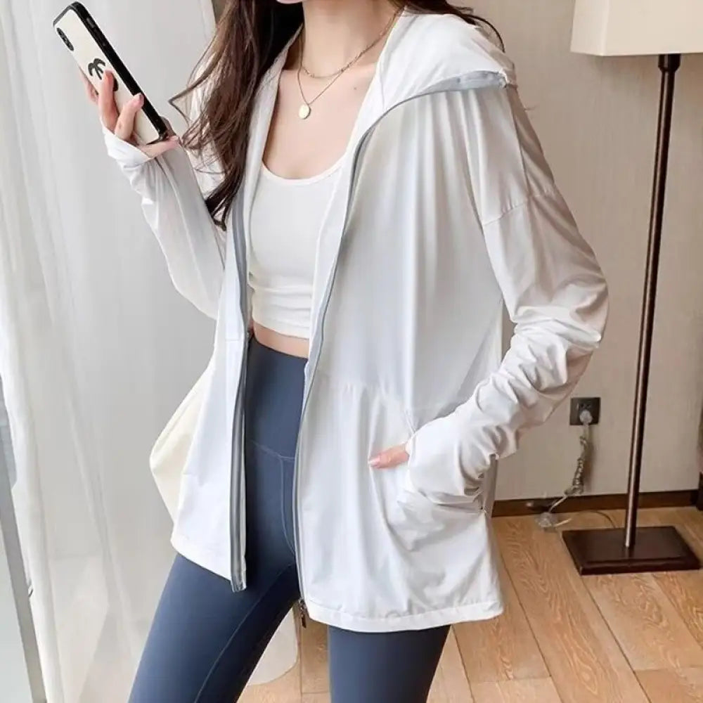 ID1211 UVパーカー 新作登場 ポケット付き フード付き 長袖 ジッパー 無地 カジュアル 紫外線対策 冷房対策 カーディガン ホワイト / S 外出着＞アウター