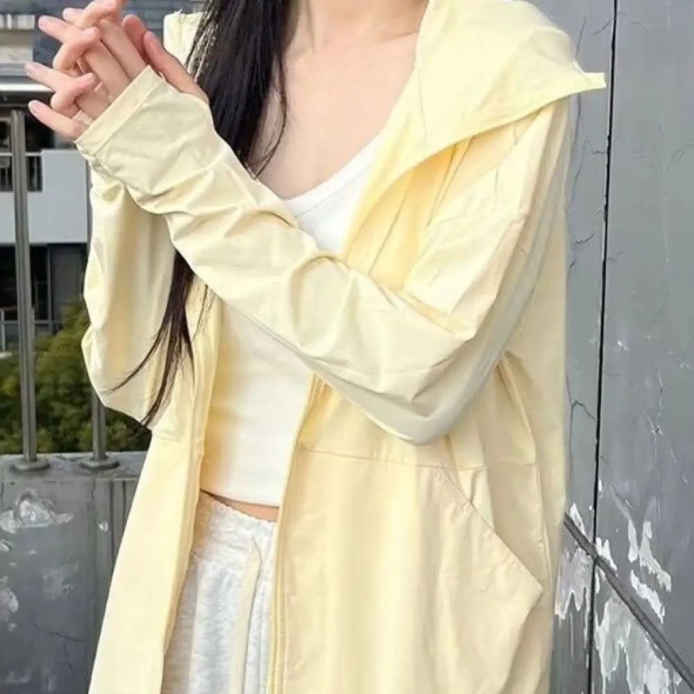 ID1211 UVパーカー 新作登場 ポケット付き フード付き 長袖 ジッパー 無地 カジュアル 紫外線対策 冷房対策 カーディガン イエロー / S 外出着＞アウター