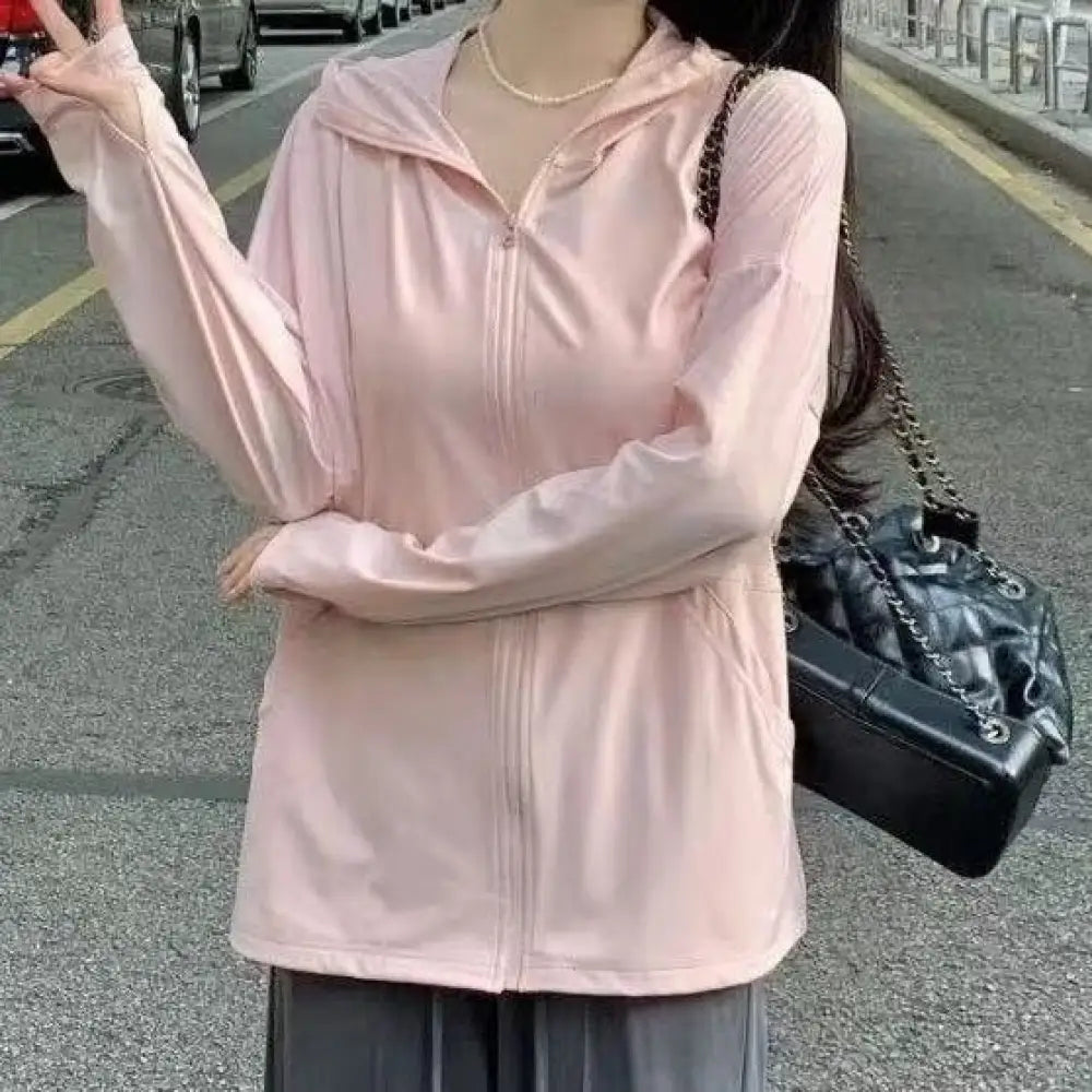 ID1211 UVパーカー 新作登場 ポケット付き フード付き 長袖 ジッパー 無地 カジュアル 紫外線対策 冷房対策 カーディガン ピンク / S 外出着＞アウター