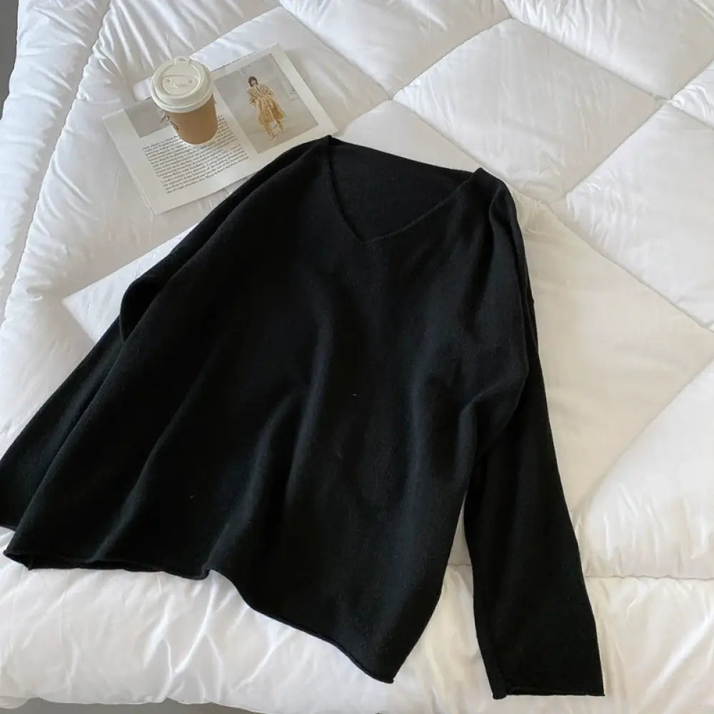 Vネック ニット セーター レディース 秋 新作 ゆったり スリム効果 インナー トップス トレンド 単色 シンプル 快適 柔らかい ID2642 ブラック / M